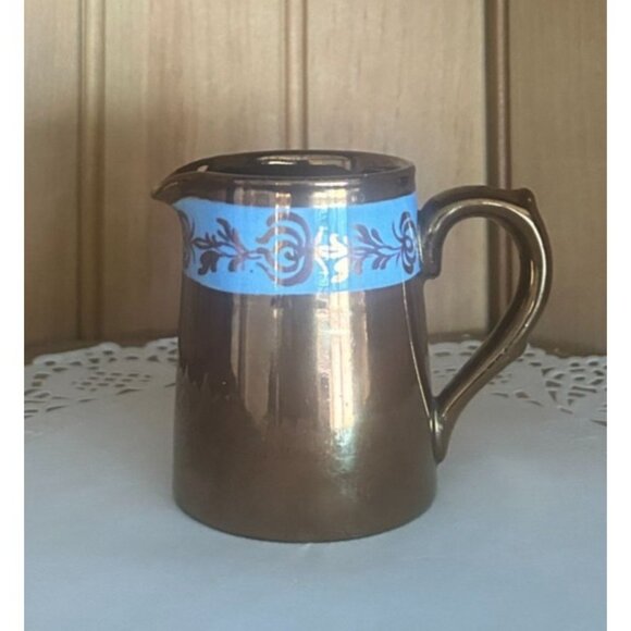 Antique Copper Lustreware Miniature Creamer Hand Painted Blue Floral Band Jug - Picture 6 of 8